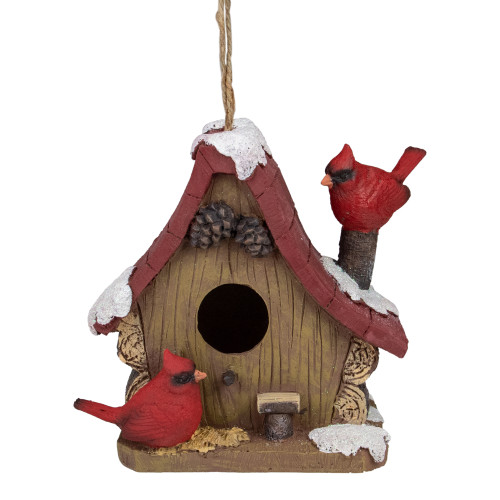 7" Brown and Red Christmas Birdhouse with Cardinals - IMAGE 1