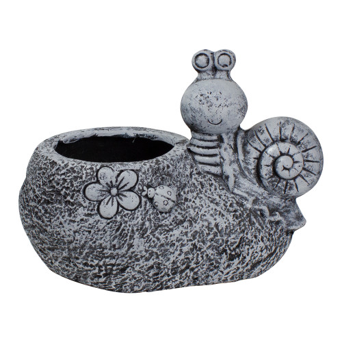 15.5" Gray Snail, Flower, and Ladybug Outdoor Garden Planter - IMAGE 1