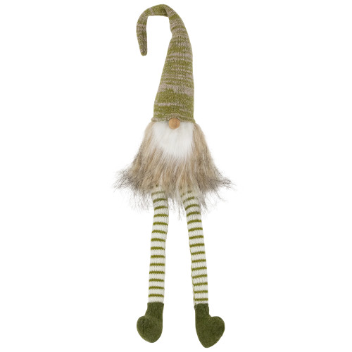 29" Green and Beige Sitting Gnome with Knitted Hat and Dangling Legs Christmas Figure - IMAGE 1