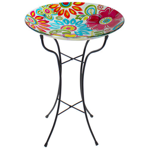 18" Pastel Pink and Blue Flowers Hand Painted Glass Outdoor Patio Bird Bath - IMAGE 1