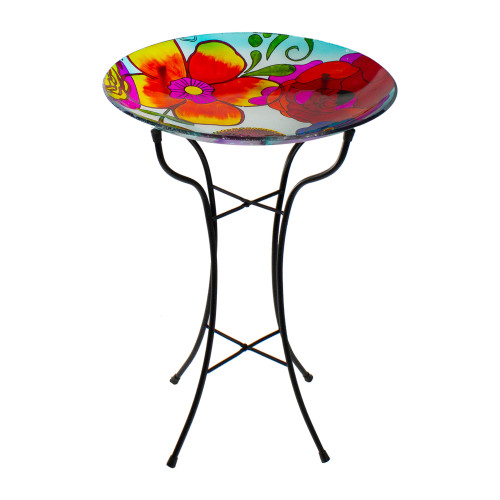 18” Multi-Colored Hand Painted Glass Floral Pattern Outdoor Patio Bird Bath - IMAGE 1