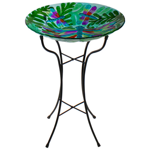 18” Colorful Dragonfly with Green Leaves Hand Painted Glass Outdoor Patio Birdbath - IMAGE 1