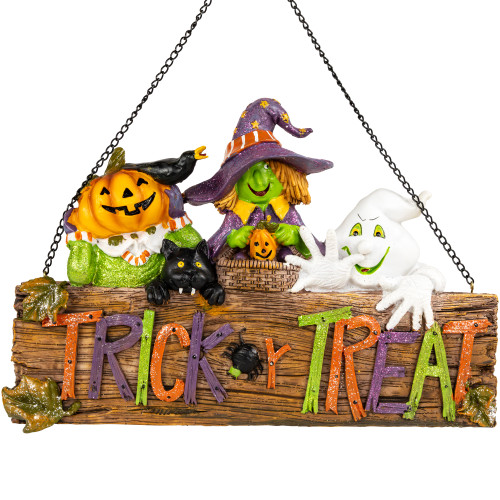 13.5" Trick or Treat Jack O' Lantern, Ghost, and Witch Halloween Wall SIgn - IMAGE 1