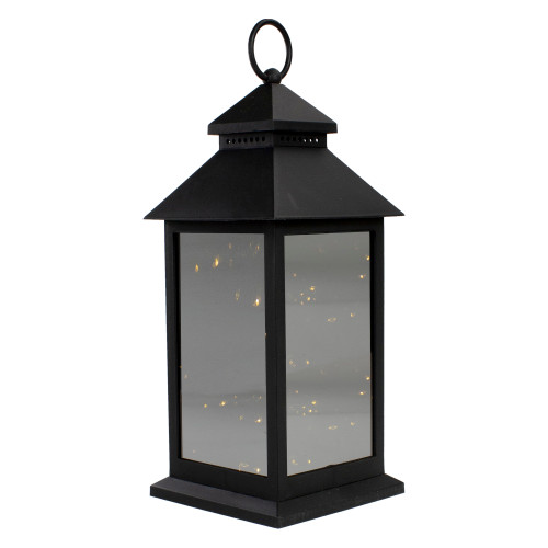 12" Black LED Lighted Battery Operated Lantern Warm White Flickering Light - IMAGE 1