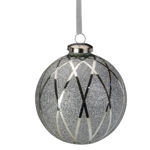 4" Silver Diamond with Glitter Glass Christmas Ball Ornament - IMAGE 1
