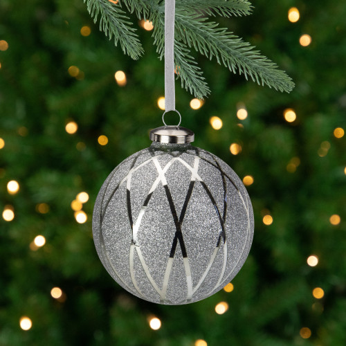 Argyle Glittered Christmas Glass Ball Ornament - 4" - Silver - IMAGE 1
