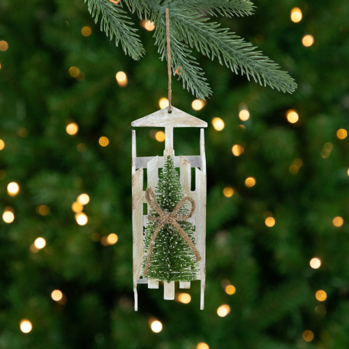 Tree on Wood Sled Christmas Ornament - 9" - White - IMAGE 1