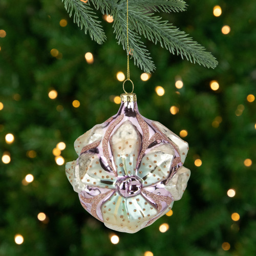 4.25" Green Flowers on Pink Glass Christmas Ornament - IMAGE 1