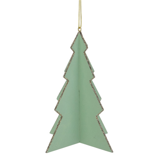 5.25" Light Green 3D Tree With Silver Glitter Wooden Christmas Ornament - IMAGE 1