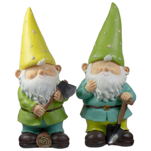 Set of 2 Green and Yellow Gnome Outdoor Garden Statues 12.25" - IMAGE 1