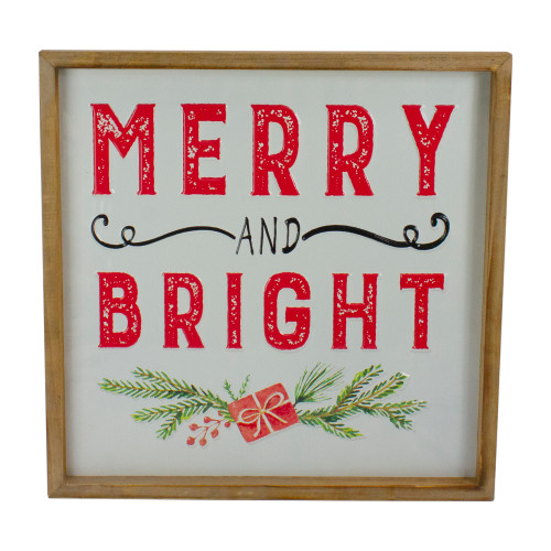 16" Wooden Framed "Merry And Bright" Metal Christmas Sign - IMAGE 1