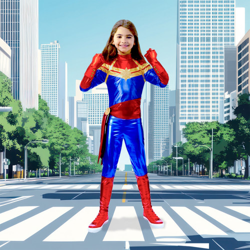 Blue and Red Girls Children Halloween Captain Marvel Costume - Medium 7-8 - IMAGE 1