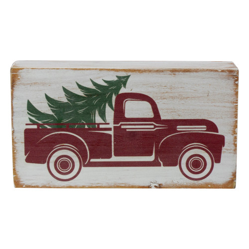 6" White Wooden Christmas Sign with Vintage Red Truck and Tree - IMAGE 1