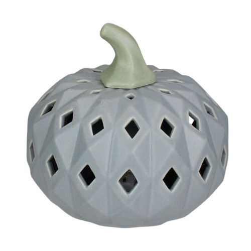 5" Gray and Green Lighted Fall Harvest Ceramic Pumpkin - IMAGE 1