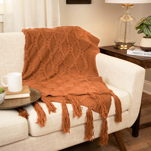 Diamond Cable Stitch Knitted Throw Blanket with Tassels - 50" x 60" - Golden Brown - IMAGE 1