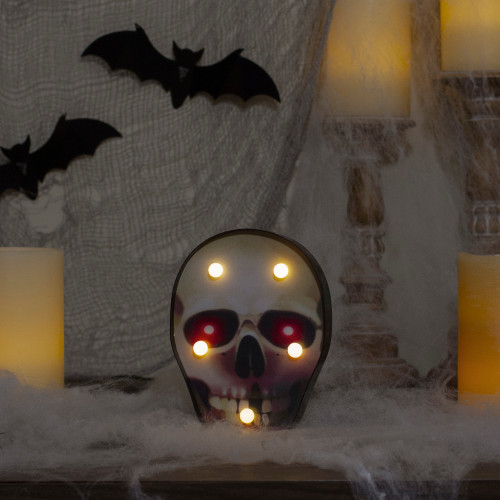 Lighted Skull Halloween Decoration - 7" - Warm White Lights - Black and Red - IMAGE 1
