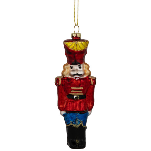 5" Shiny Red Nutcracker Soldier Hanging Glass Christmas Ornament - IMAGE 1