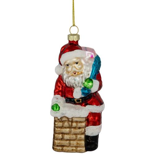 Santa Down the Chimney Hanging Glass Christmas Hanging Ornament - 4.75" - Red - IMAGE 1