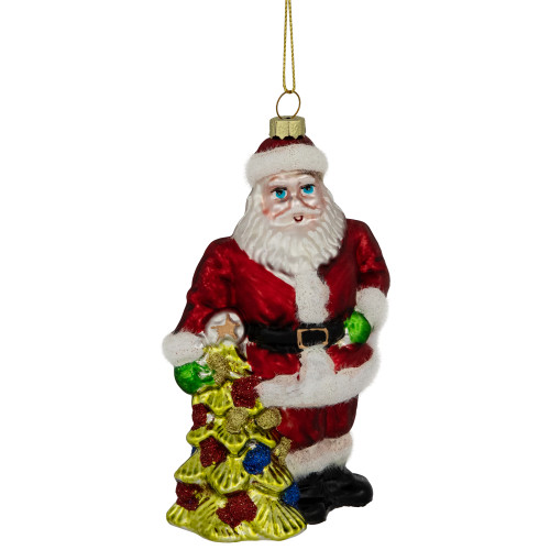 Classic Santa with Tree Hanging Glass Christmas Ornament - 5.75" - Red - IMAGE 1