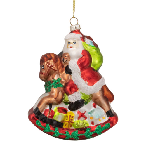 4" Santa on a Rocking Horse Hanging Glass Christmas Ornament - IMAGE 1