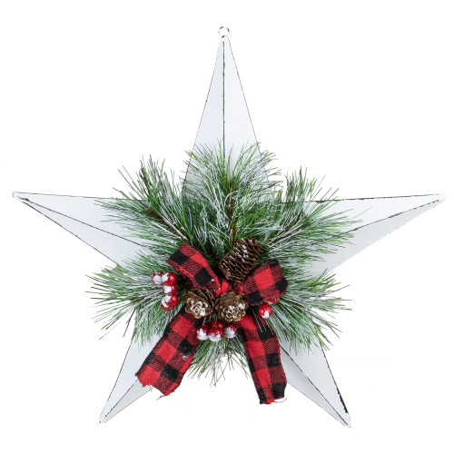 17" White 5 point Christmas Star With Plaid Ribbon with Artificial Pine - IMAGE 1