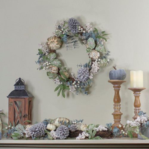 Glittered Berries, Pinecones and Pumpkins Artificial Fall Harvest Twig Wreath - 18" - IMAGE 1