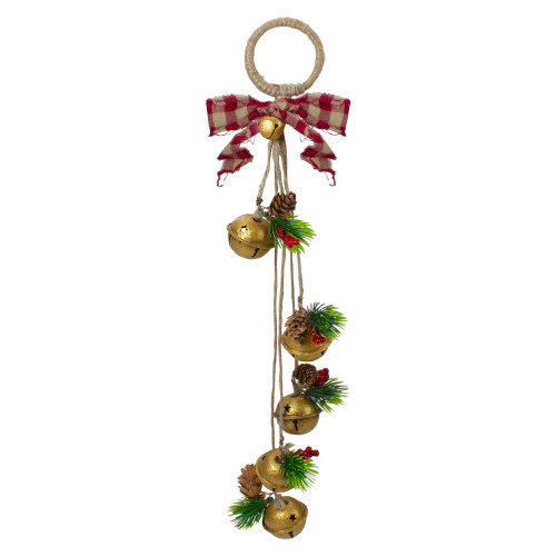 15-Inch Pine and Gold Jingle Bell Christmas Door Hanger with Plaid Bow - IMAGE 1