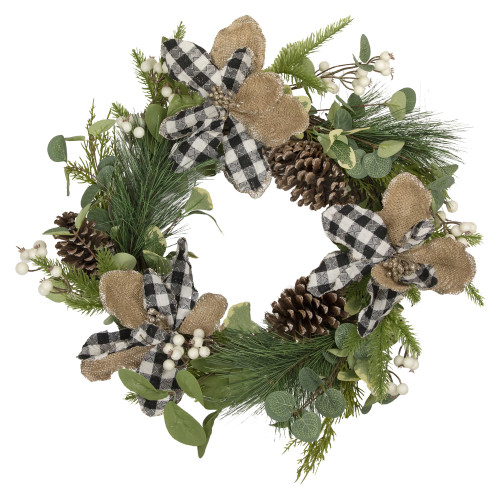 Magnolia and Frosted Pine Cones Artificial Christmas Wreath -  22-Inch, Unlit - IMAGE 1