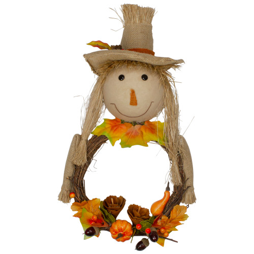 20" Yellow and Tan Fall Harvest Scarecrow Artificial Wreath Wall Decor - IMAGE 1