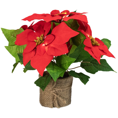 11" LED Artificial Red Poinsettia Potted Plant - Clear Lights - IMAGE 1