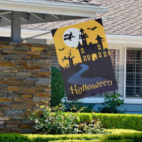 Spooky House Halloween Outdoor House Flag with Bats and Witch 28" x 40" - IMAGE 1
