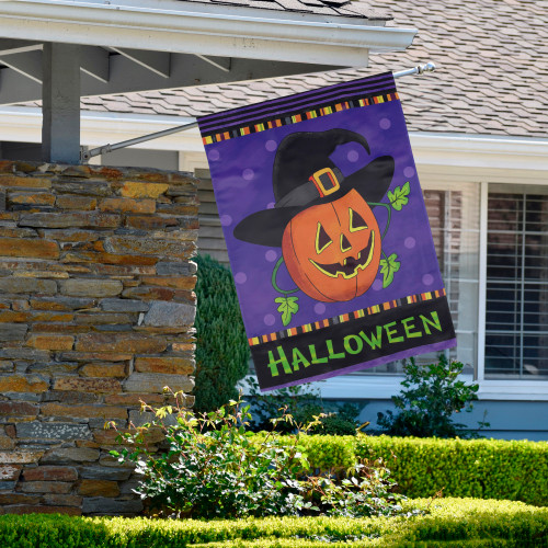 Happy Halloween Pumpkin in a Witch Hat Outdoor House Flag 28" x 40" - IMAGE 1