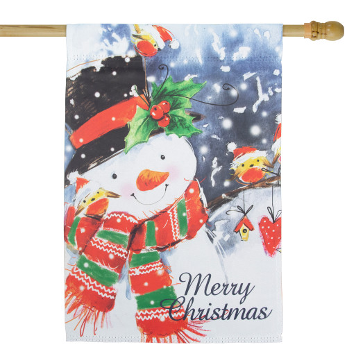 Snowman and Yellow Birds Merry Christmas Outdoor House Flag 28" x 40" - IMAGE 1