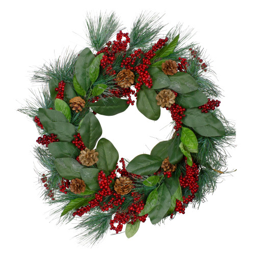 Leaves, Berry and Pine Needle Artificial Christmas Wreath - 24-Inch, Unlit - IMAGE 1