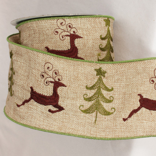 Natural Brown and Beige Burlap Deer Wired Craft Ribbon 4" x 10 Yards - IMAGE 1