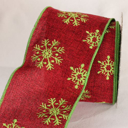 Red and Green Burlap Snowflake Wired Craft Ribbon 4" x 10 Yards - IMAGE 1