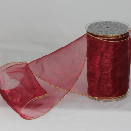 Burgundy Red and Gold Ribbed Wired craft Ribbon 2" by 27 Yards - IMAGE 1