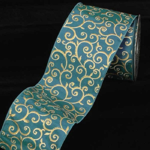 Blue Taffeta Gold Swirl Wired Decorative Ribbon 4 inch by 20 yards - IMAGE 1