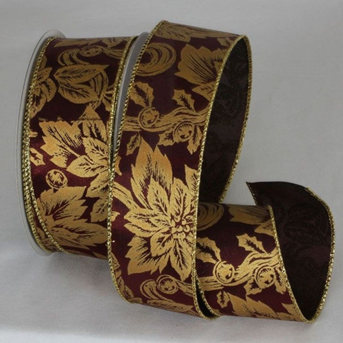 Red and Gold Floral Wired Craft Ribbon 2" x 20 Yards - IMAGE 1