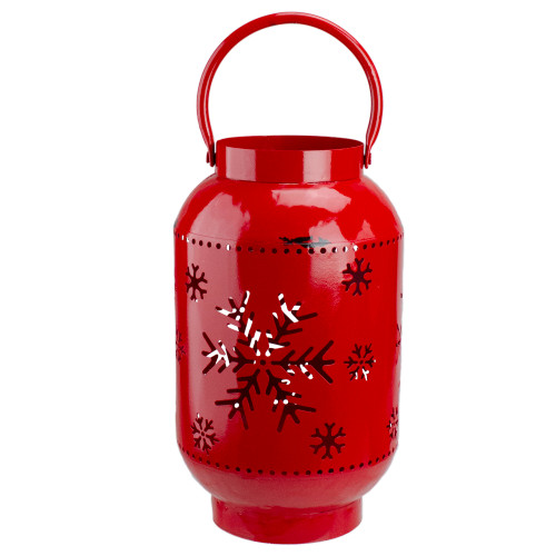 10-Inch Red Snowflake Cutout Christmas Candle Lantern- Metal - IMAGE 1