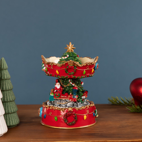 Santa on Train Musical Christmas Carousel - 6" - Red and Gold - IMAGE 1