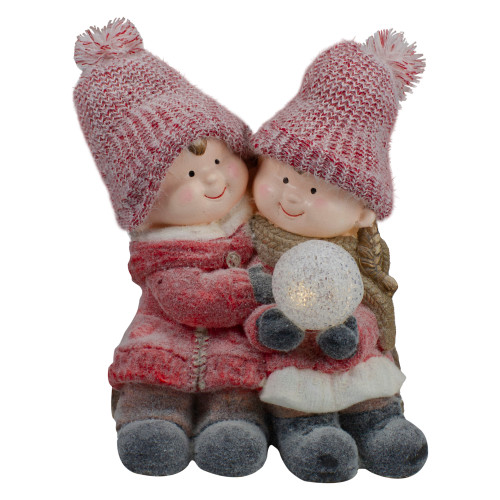 LED Lighted Children and Snowball on a Snowy Log Christmas Decoration - 15" - IMAGE 1