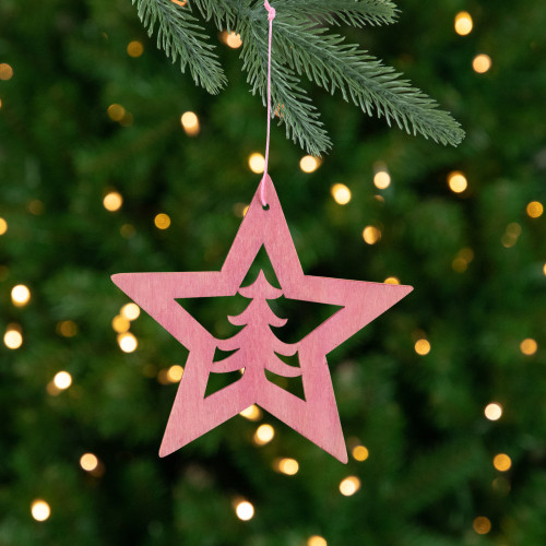 Cut Out Pine Tree in Wooden Star Christmas Ornament - 4"  - Pink - IMAGE 1
