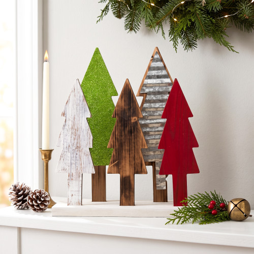 Glitter and Metal Wooden Pine Tree Silhouettes Christmas Decoration - 14.5" - Multicolor - IMAGE 1
