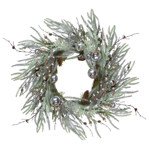 28" Artificial Pine Frosted Christmas Wreath with Silver Berries-Unlit - IMAGE 1