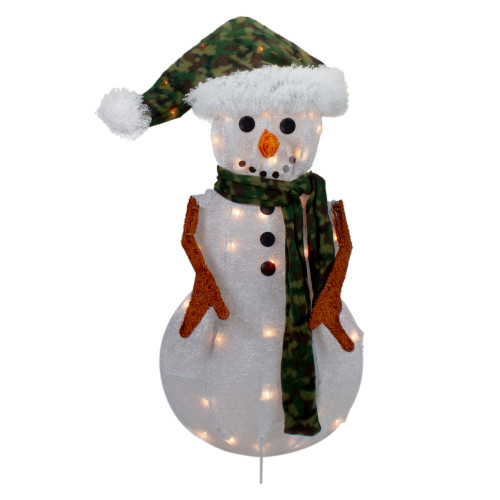 24" Lighted White and Green Chenille Snowman Outdoor Christmas Decoration - IMAGE 1