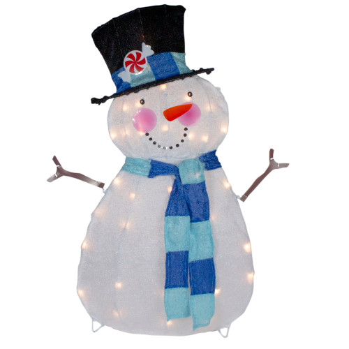 32" Lighted White and Blue Chenille Snowman Outdoor Christmas Decoration - IMAGE 1