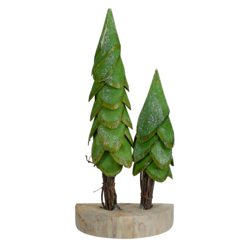 9" Brown and Green Christmas Trees on a Wooden Base Tabletop Decor - IMAGE 1