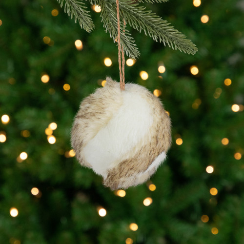 Faux Fur Ball Christmas Ornament - 3" - Brown and White - IMAGE 1