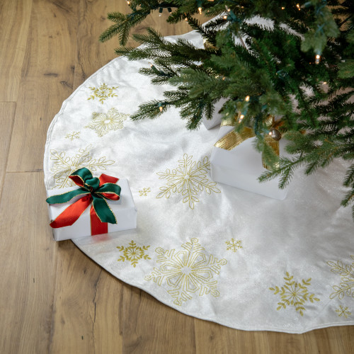 48" White with Gold Embroidered Snowflakes Christmas Tree Skirt - IMAGE 1